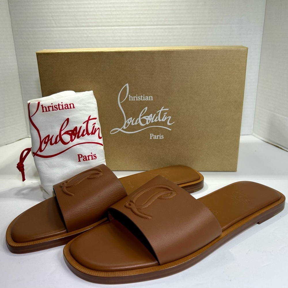 CHRISTIAN LOUBOUTIN CL MULE FLAT SANDAL EMBROIDERED LOGO BROWN LEATHER SZ 39 NEW - Picture 8 of 15